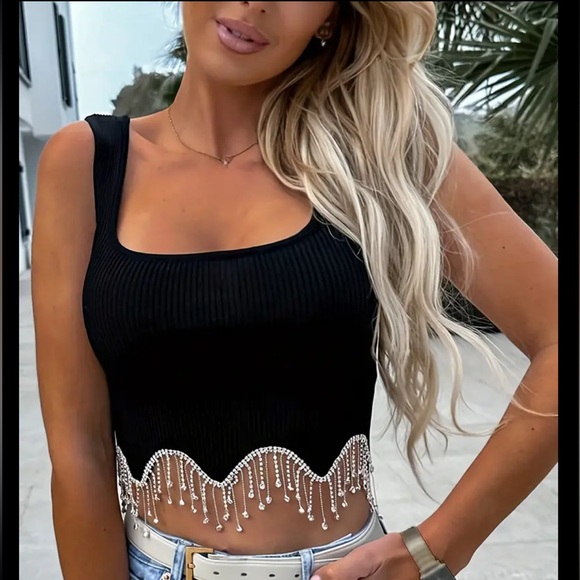 NEW Large Rhinestone Tassel Tank Top Glittery Sexy Summer - Picture 2 of 4